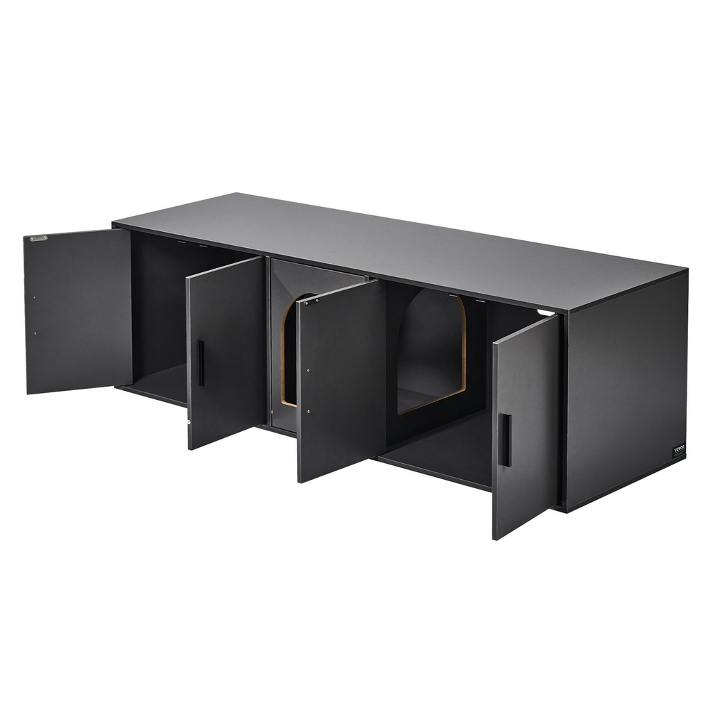 Glamorous Pups : VEVOR Cat Litter Box Enclosure for 2 Cats – 57.9" Double-Room Wooden Litter Box Furniture | Hidden Cat Washroom Cabinet, Modern TV Stand Style, Fits Most Litter Boxes (Black)