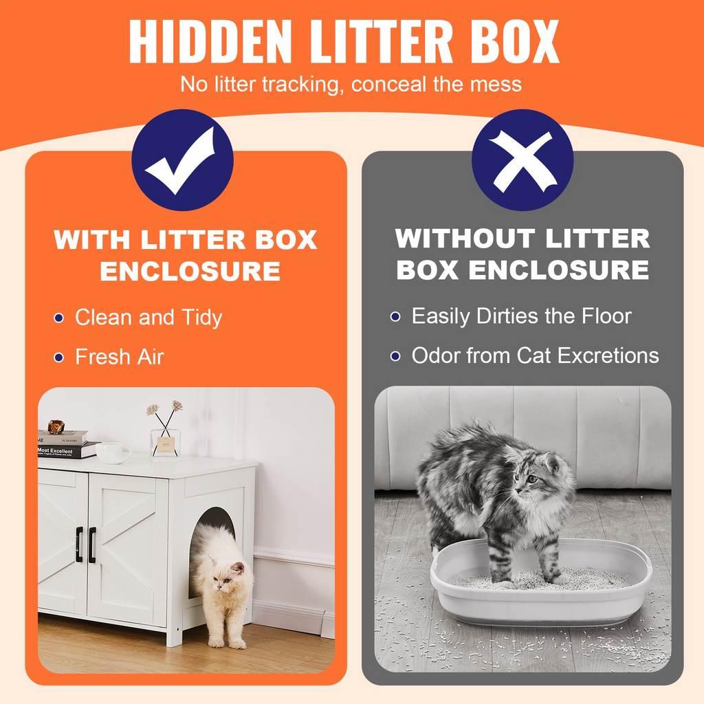Glamorous Pups : VEVOR Cat Litter Box Enclosure – 47.2" Wooden Hidden Double-Room Litter Box Cabinet | Modern Cat Washroom Furniture with Dual Doors & Side Windows (White)