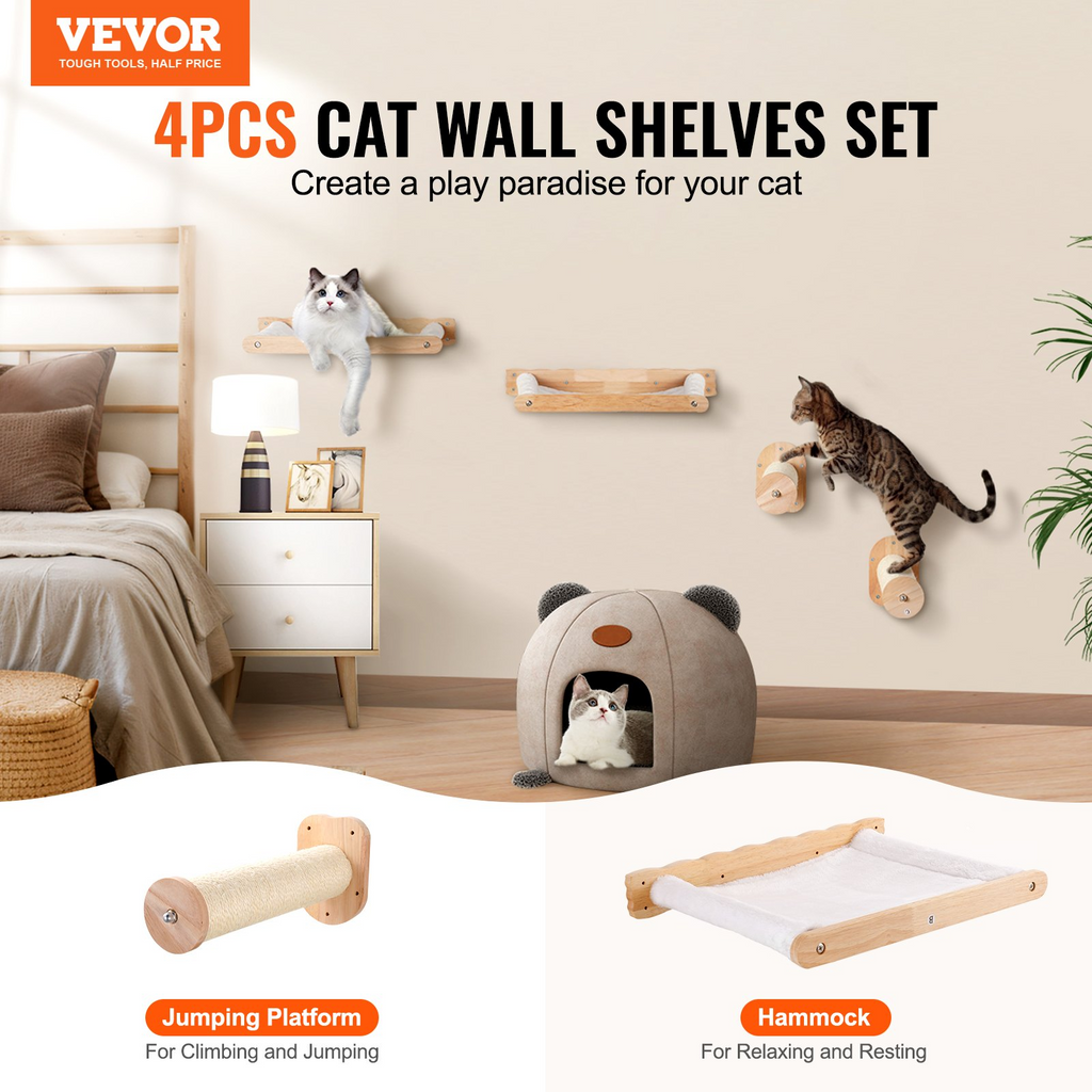 Glamorous Pups : VEVOR Wall Mounted Cat Shelves – 4-Piece Set with 2 Jumping Posts & 2 Hammocks | Natural Oak Wall Furniture for Cats up to 40 lbs, Space-Saving Cat Climbing System
