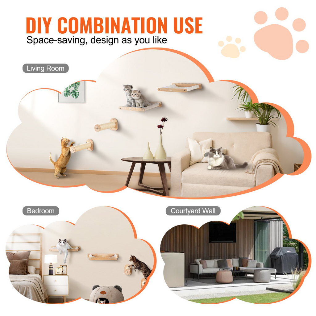 Glamorous Pups : VEVOR Wall Mounted Cat Shelves – 4-Piece Set with 2 Jumping Posts & 2 Hammocks | Natural Oak Wall Furniture for Cats up to 40 lbs, Space-Saving Cat Climbing System