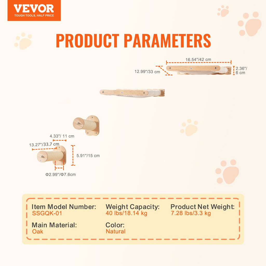 Glamorous Pups : VEVOR Wall Mounted Cat Shelves – 4-Piece Set with 2 Jumping Posts & 2 Hammocks | Natural Oak Wall Furniture for Cats up to 40 lbs, Space-Saving Cat Climbing System