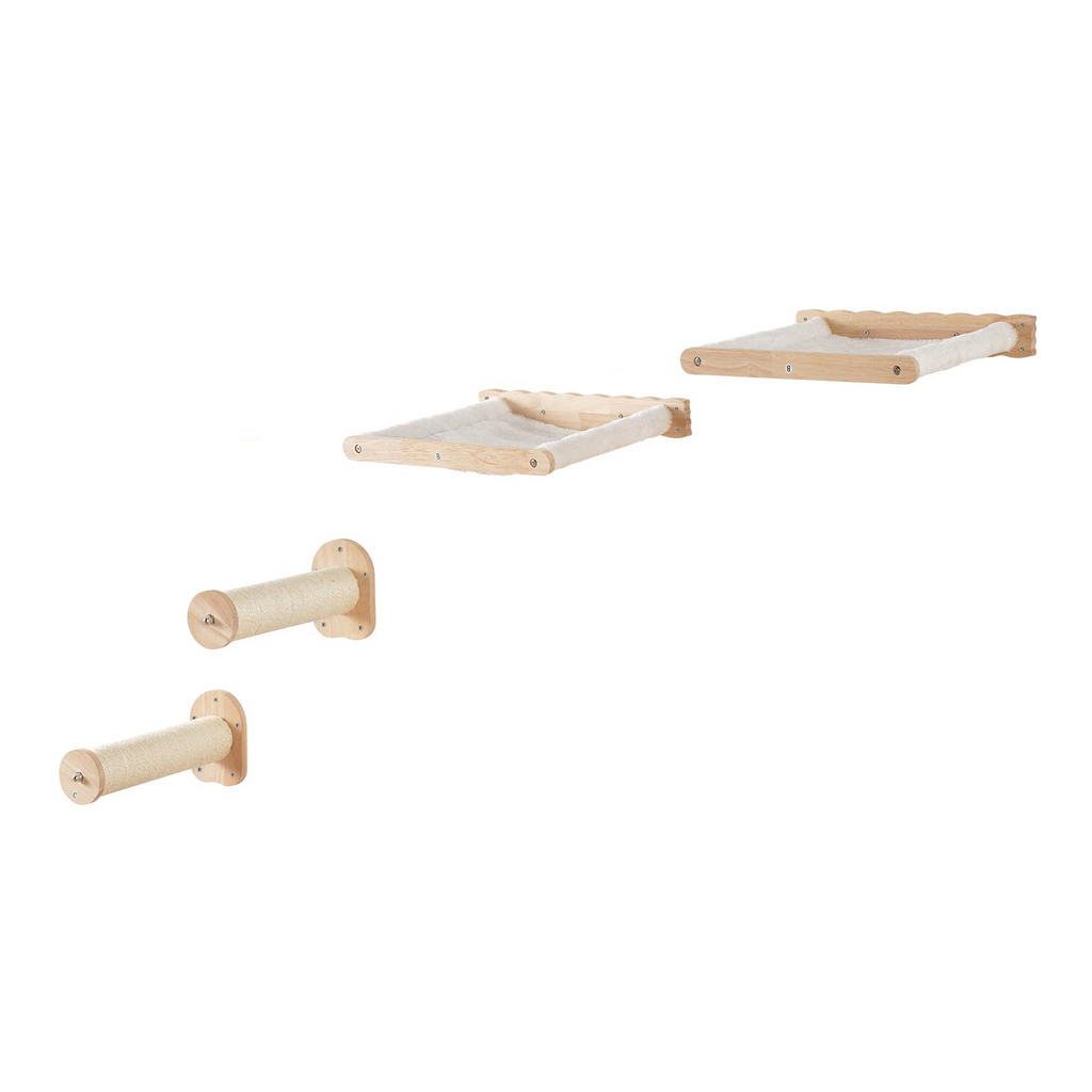 Glamorous Pups : VEVOR Wall Mounted Cat Shelves – 4-Piece Set with 2 Jumping Posts & 2 Hammocks | Natural Oak Wall Furniture for Cats up to 40 lbs, Space-Saving Cat Climbing System