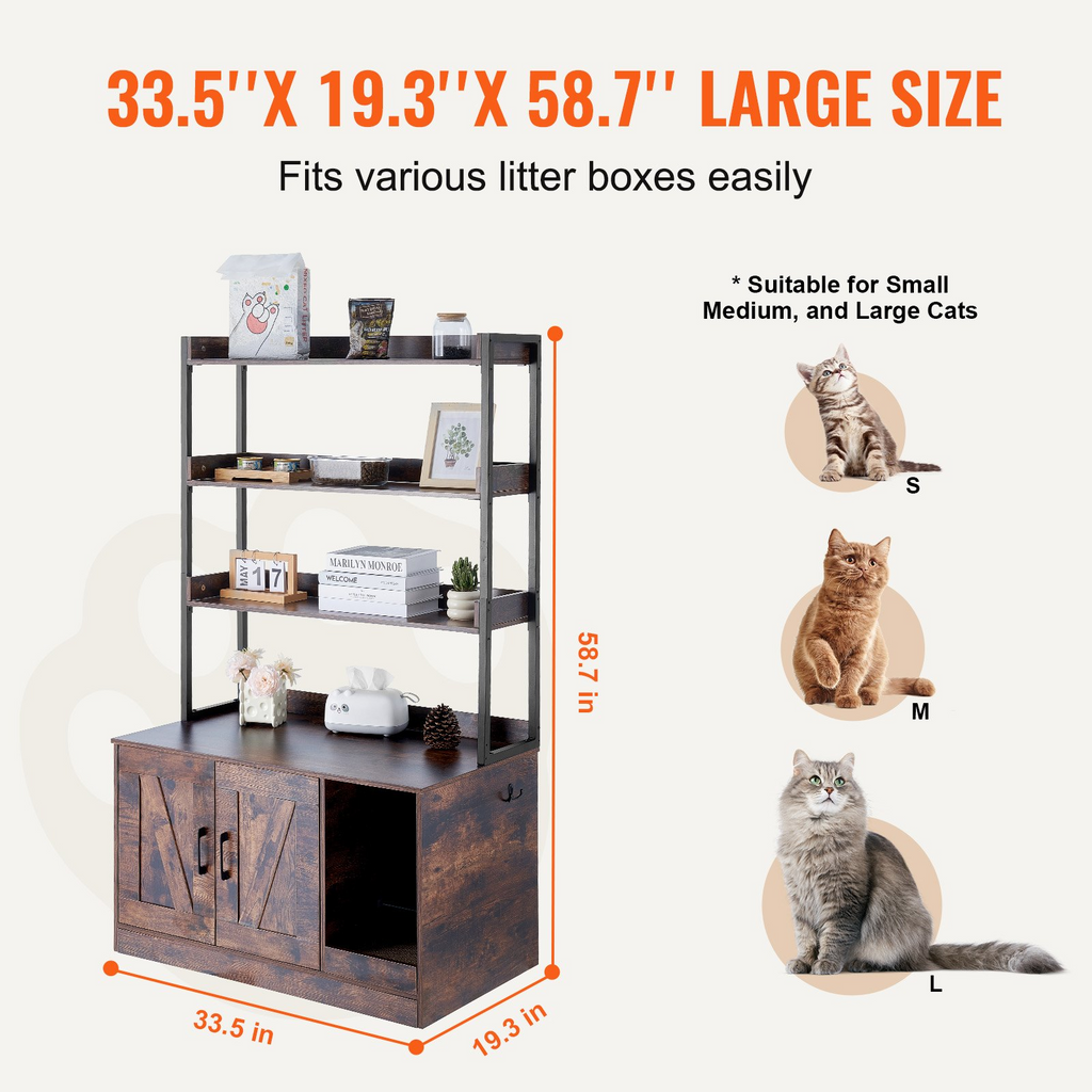 Glamorous Pups : VEVOR Cat Litter Box Enclosure – 33.5" Wooden Hidden Litter Box Cabinet with 3-Tier Shelves | Multi-Functional Cat Washroom Furniture & Storage Organizer (Dark Brown)