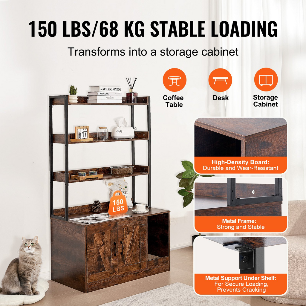 Glamorous Pups : VEVOR Cat Litter Box Enclosure – 33.5" Wooden Hidden Litter Box Cabinet with 3-Tier Shelves | Multi-Functional Cat Washroom Furniture & Storage Organizer (Dark Brown)