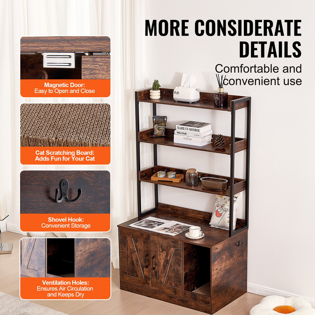 Glamorous Pups : VEVOR Cat Litter Box Enclosure – 33.5" Wooden Hidden Litter Box Cabinet with 3-Tier Shelves | Multi-Functional Cat Washroom Furniture & Storage Organizer (Dark Brown)