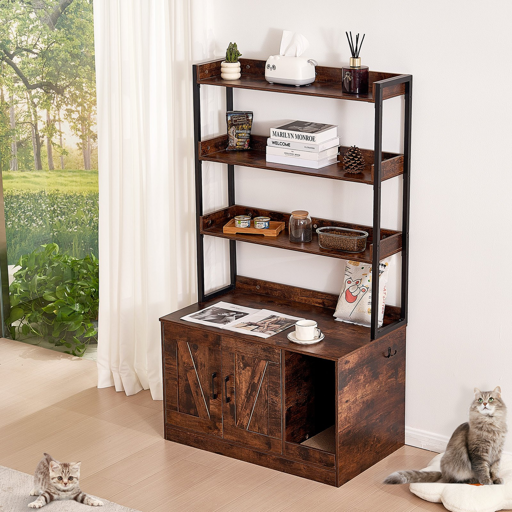 Glamorous Pups : VEVOR Cat Litter Box Enclosure – 33.5" Wooden Hidden Litter Box Cabinet with 3-Tier Shelves | Multi-Functional Cat Washroom Furniture & Storage Organizer (Dark Brown)