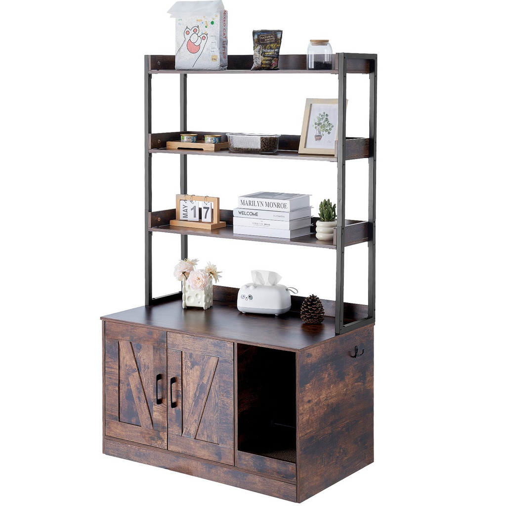 Glamorous Pups : VEVOR Cat Litter Box Enclosure – 33.5" Wooden Hidden Litter Box Cabinet with 3-Tier Shelves | Multi-Functional Cat Washroom Furniture & Storage Organizer (Dark Brown)