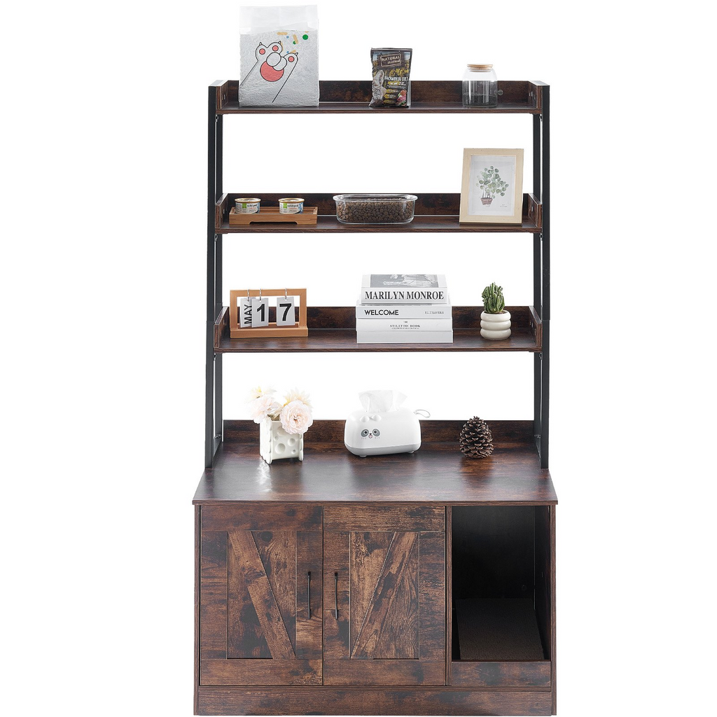 Glamorous Pups : VEVOR Cat Litter Box Enclosure – 33.5" Wooden Hidden Litter Box Cabinet with 3-Tier Shelves | Multi-Functional Cat Washroom Furniture & Storage Organizer (Dark Brown)