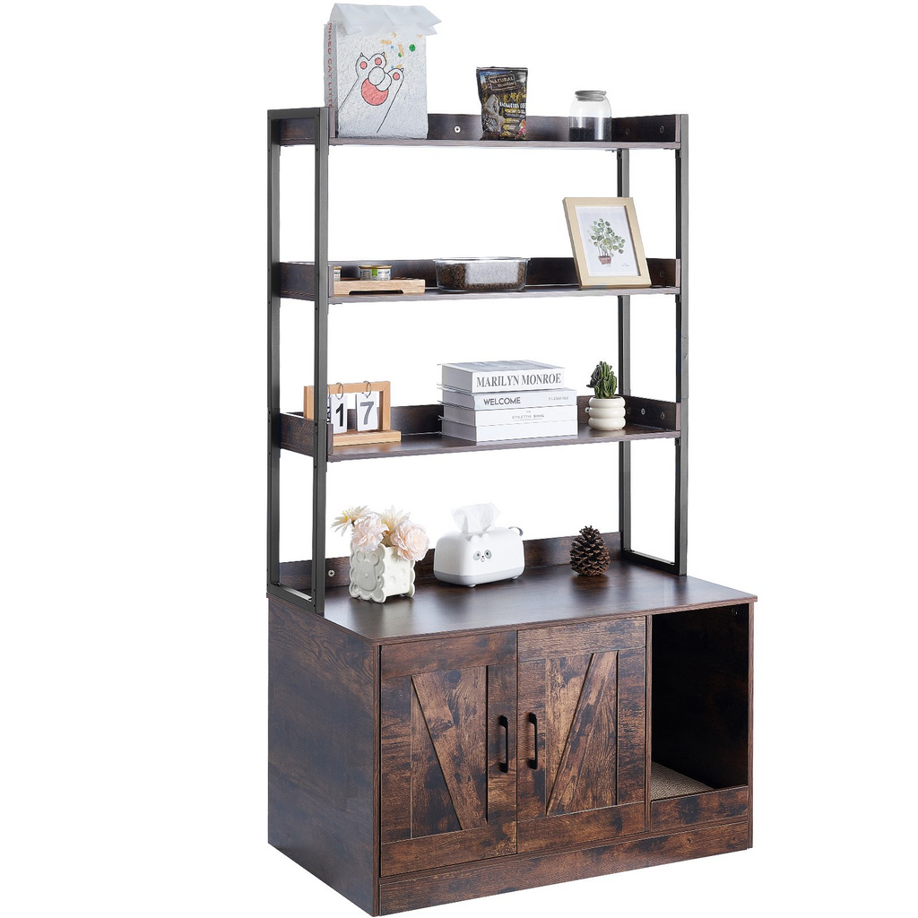 Glamorous Pups : VEVOR Cat Litter Box Enclosure – 33.5" Wooden Hidden Litter Box Cabinet with 3-Tier Shelves | Multi-Functional Cat Washroom Furniture & Storage Organizer (Dark Brown)