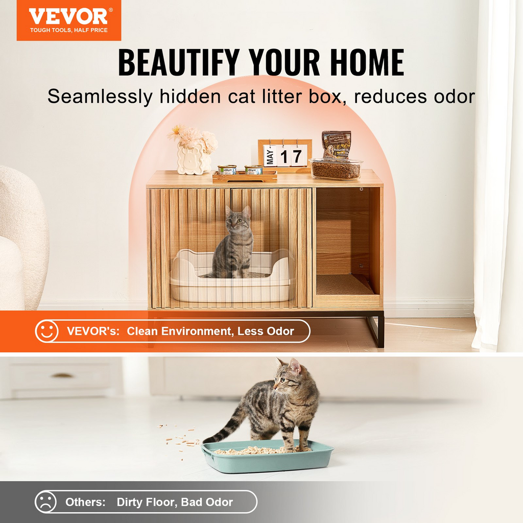 Glamorous Pups : VEVOR Cat Litter Box Enclosure | 31.5" Hidden Litter Box Furniture with 2 Doors & Sturdy Metal Legs | Wooden Cat Washroom Indoor Cabinet, Natural Finish
