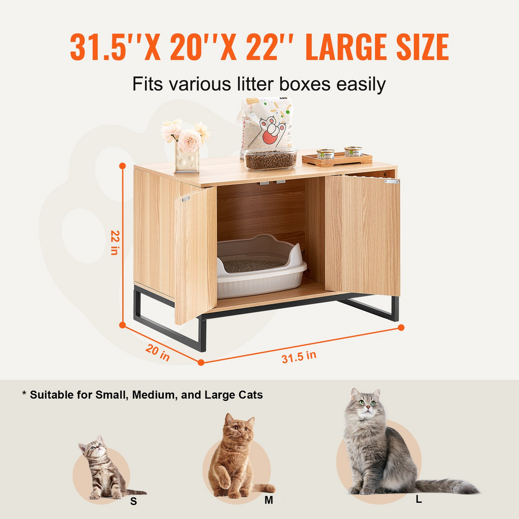 Glamorous Pups : VEVOR Cat Litter Box Enclosure | 31.5" Hidden Litter Box Furniture with 2 Doors & Sturdy Metal Legs | Wooden Cat Washroom Indoor Cabinet, Natural Finish