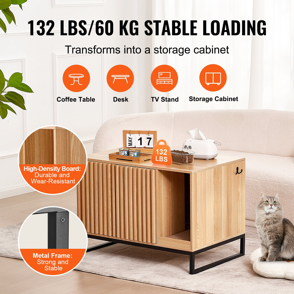 Glamorous Pups : VEVOR Cat Litter Box Enclosure | 31.5" Hidden Litter Box Furniture with 2 Doors & Sturdy Metal Legs | Wooden Cat Washroom Indoor Cabinet, Natural Finish