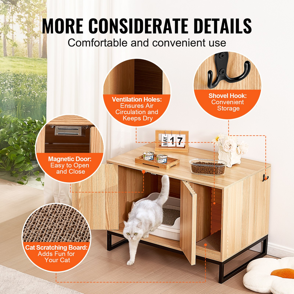Glamorous Pups : VEVOR Cat Litter Box Enclosure | 31.5" Hidden Litter Box Furniture with 2 Doors & Sturdy Metal Legs | Wooden Cat Washroom Indoor Cabinet, Natural Finish