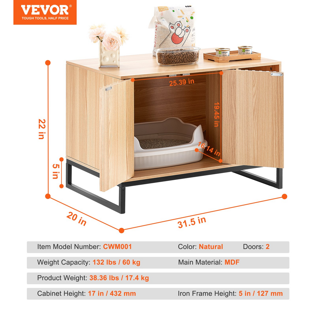 Glamorous Pups : VEVOR Cat Litter Box Enclosure | 31.5" Hidden Litter Box Furniture with 2 Doors & Sturdy Metal Legs | Wooden Cat Washroom Indoor Cabinet, Natural Finish