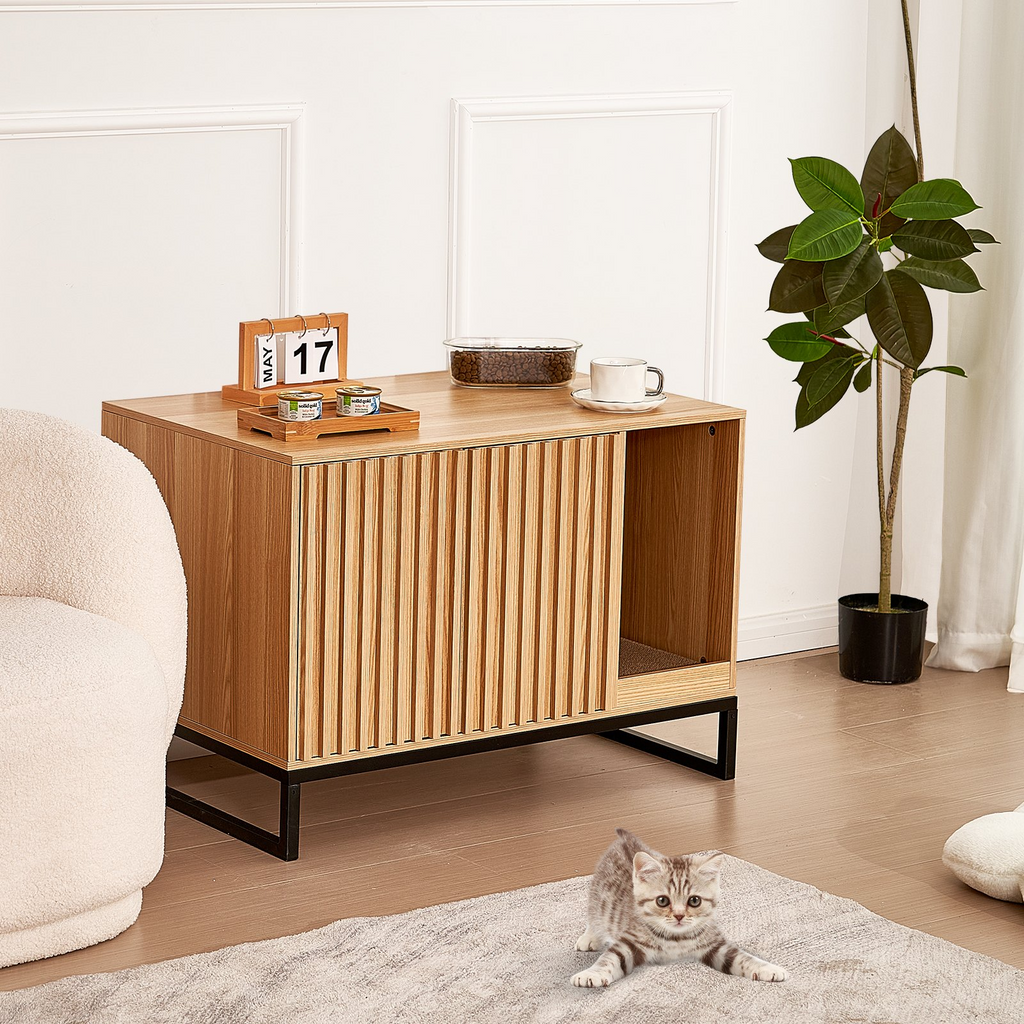 Glamorous Pups : VEVOR Cat Litter Box Enclosure | 31.5" Hidden Litter Box Furniture with 2 Doors & Sturdy Metal Legs | Wooden Cat Washroom Indoor Cabinet, Natural Finish