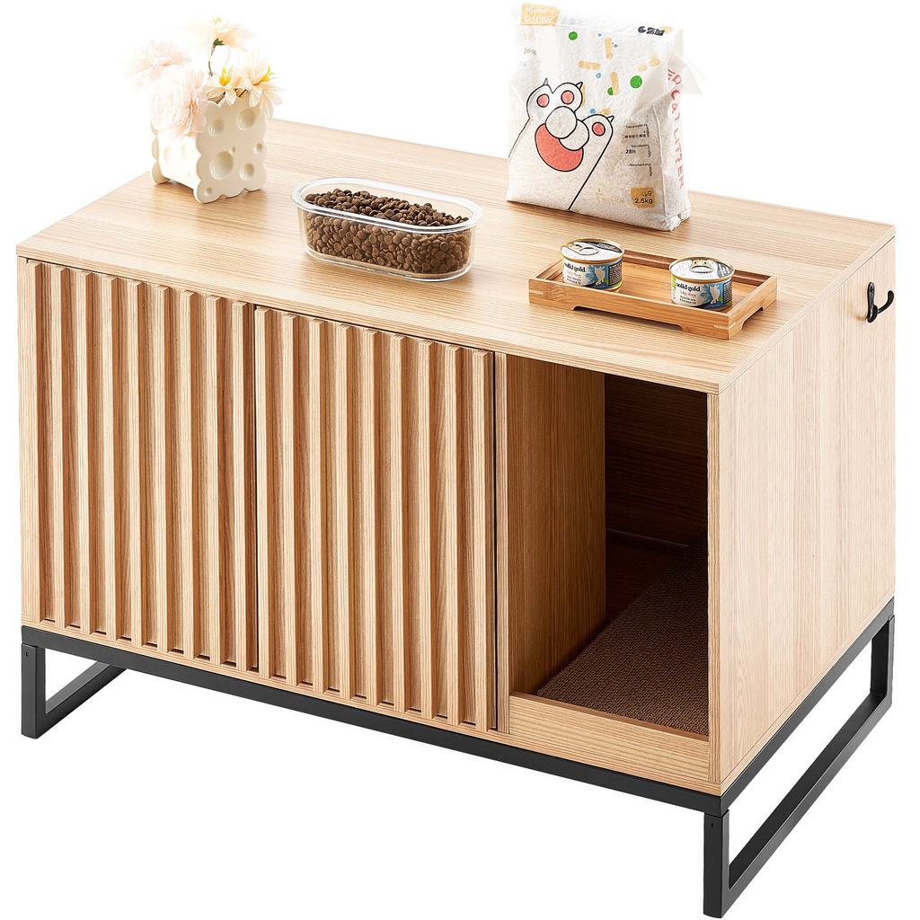Glamorous Pups : VEVOR Cat Litter Box Enclosure | 31.5" Hidden Litter Box Furniture with 2 Doors & Sturdy Metal Legs | Wooden Cat Washroom Indoor Cabinet, Natural Finish