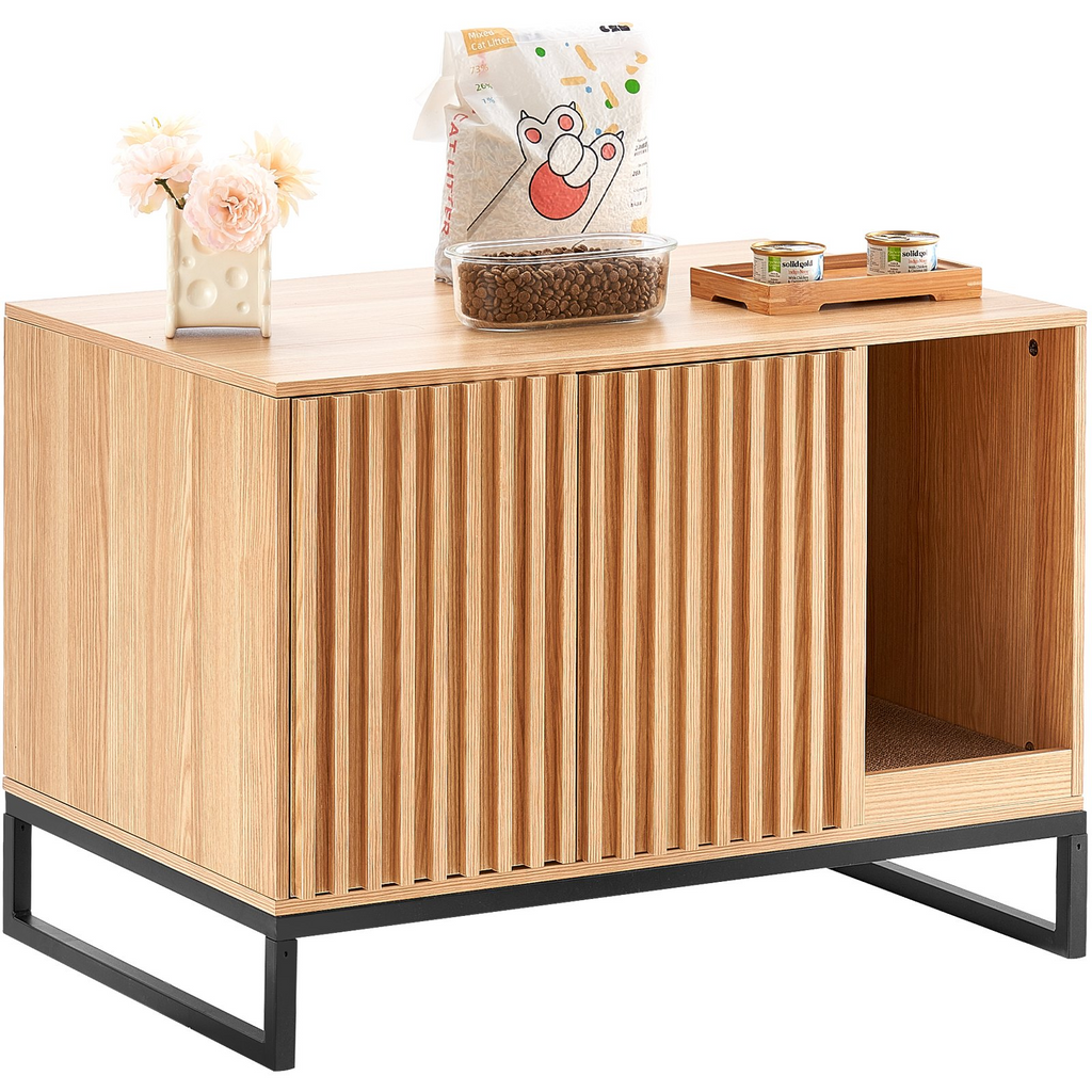 Glamorous Pups : VEVOR Cat Litter Box Enclosure | 31.5" Hidden Litter Box Furniture with 2 Doors & Sturdy Metal Legs | Wooden Cat Washroom Indoor Cabinet, Natural Finish
