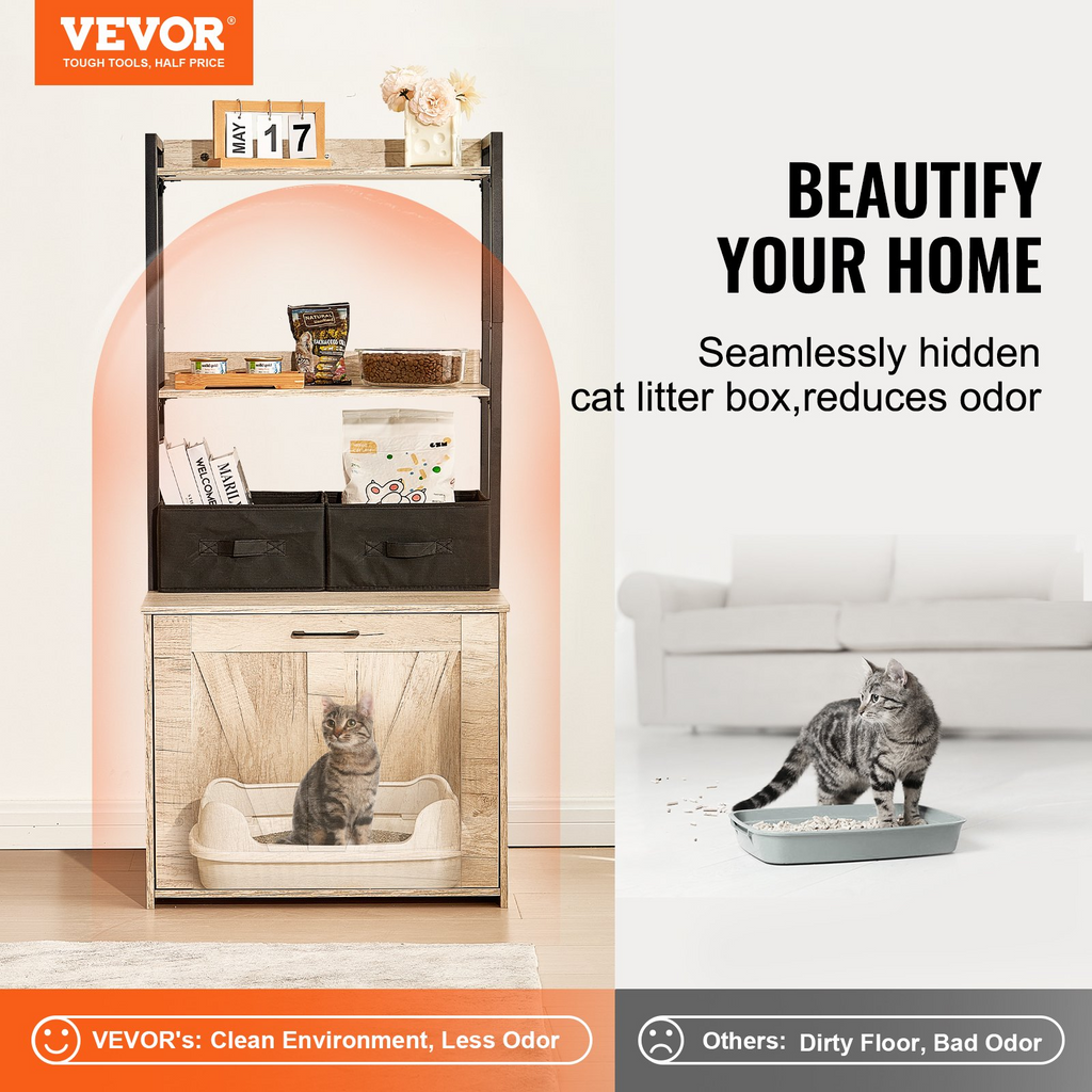 Glamorous Pups : VEVOR Cat Litter Box Enclosure | Hidden Litter Box Furniture with 2 Storage Shelves & 2 Baskets | Wooden Cat Washroom Indoor Cabinet, 23.6"L x 19.7"W x 50"H, Natural