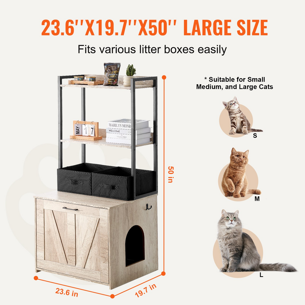 Glamorous Pups : VEVOR Cat Litter Box Enclosure | Hidden Litter Box Furniture with 2 Storage Shelves & 2 Baskets | Wooden Cat Washroom Indoor Cabinet, 23.6"L x 19.7"W x 50"H, Natural