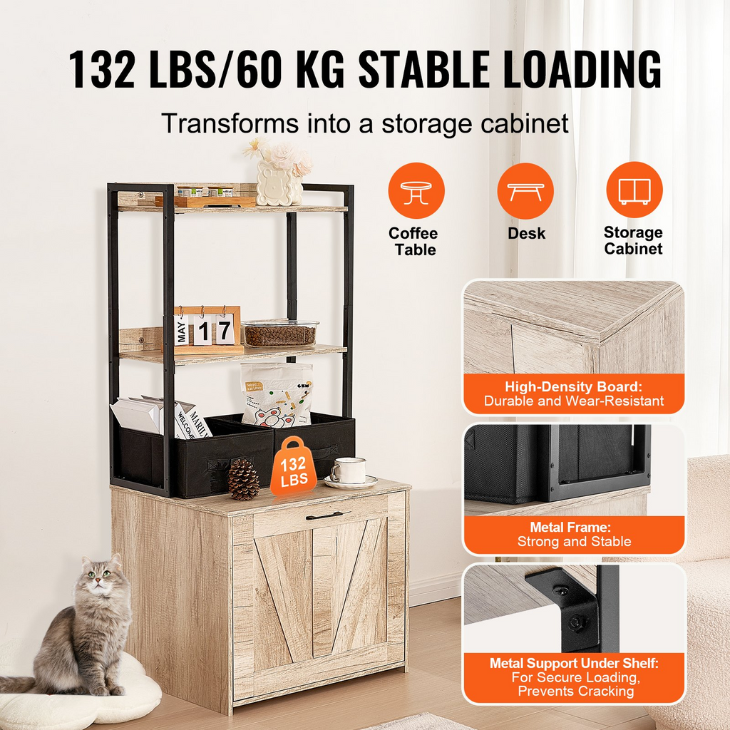 Glamorous Pups : VEVOR Cat Litter Box Enclosure | Hidden Litter Box Furniture with 2 Storage Shelves & 2 Baskets | Wooden Cat Washroom Indoor Cabinet, 23.6"L x 19.7"W x 50"H, Natural