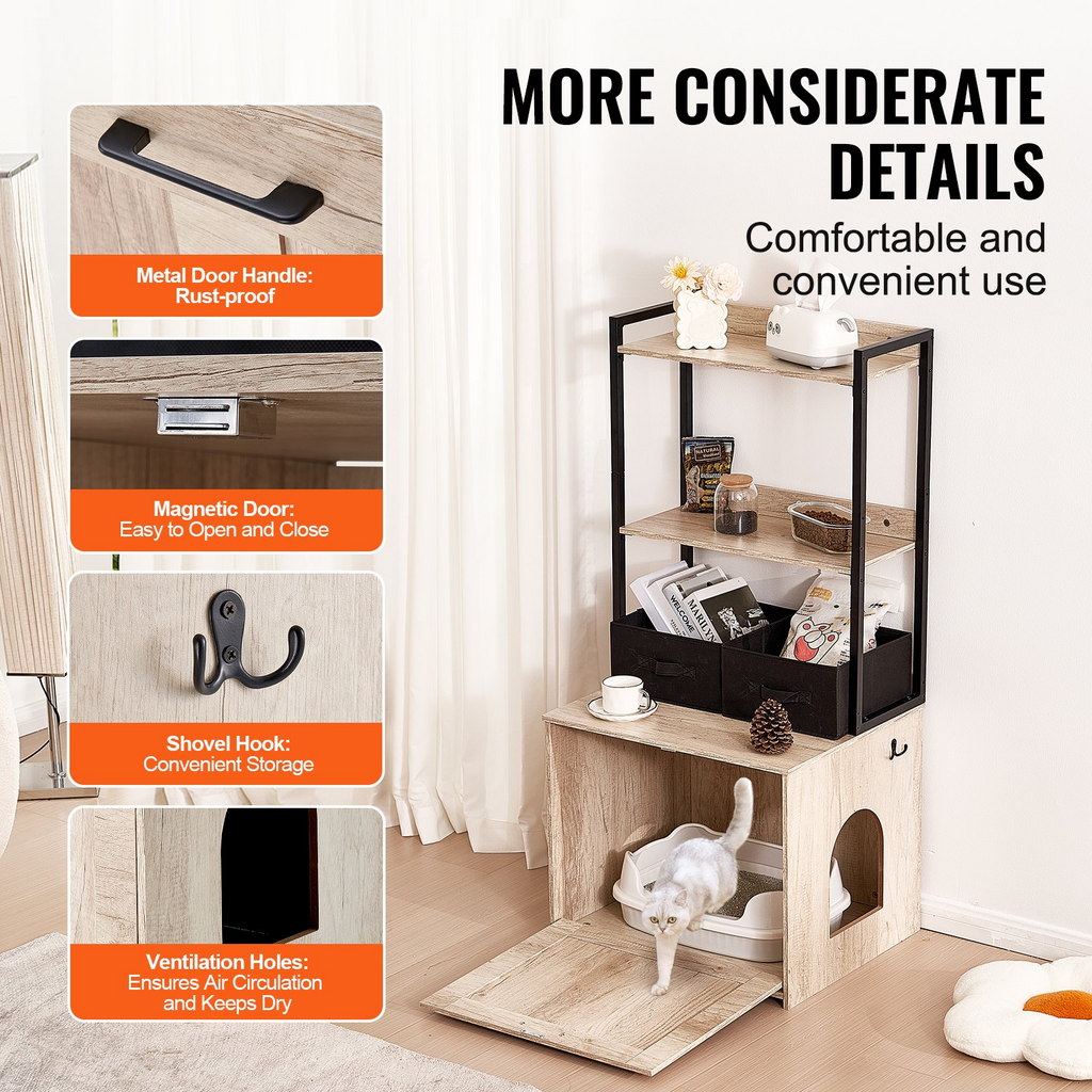 Glamorous Pups : VEVOR Cat Litter Box Enclosure | Hidden Litter Box Furniture with 2 Storage Shelves & 2 Baskets | Wooden Cat Washroom Indoor Cabinet, 23.6"L x 19.7"W x 50"H, Natural