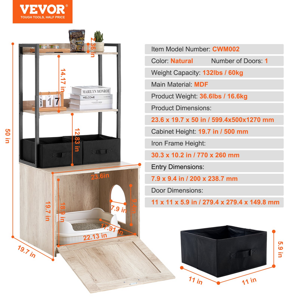 Glamorous Pups : VEVOR Cat Litter Box Enclosure | Hidden Litter Box Furniture with 2 Storage Shelves & 2 Baskets | Wooden Cat Washroom Indoor Cabinet, 23.6"L x 19.7"W x 50"H, Natural