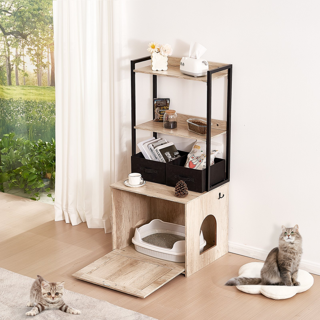 Glamorous Pups : VEVOR Cat Litter Box Enclosure | Hidden Litter Box Furniture with 2 Storage Shelves & 2 Baskets | Wooden Cat Washroom Indoor Cabinet, 23.6"L x 19.7"W x 50"H, Natural