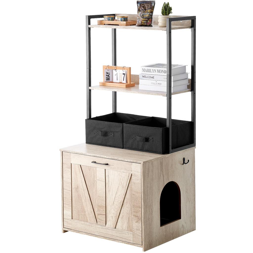 Glamorous Pups : VEVOR Cat Litter Box Enclosure | Hidden Litter Box Furniture with 2 Storage Shelves & 2 Baskets | Wooden Cat Washroom Indoor Cabinet, 23.6"L x 19.7"W x 50"H, Natural