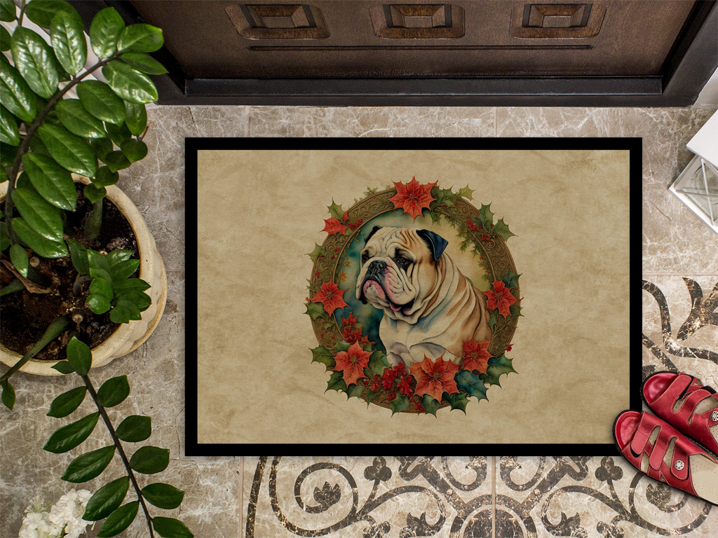 Glamorous Pups : English Bulldog Christmas Flowers Doormat