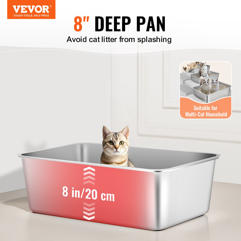 Glamorous Pups : VEVOR Extra Large Stainless Steel Cat Litter Box – 8” Deep XL Metal Litter Pan with Scoop & Wide Filtering Footboard | High-Sided, Odor-Free, Easy-to-Clean Litter Box for Big Cats (Silver)