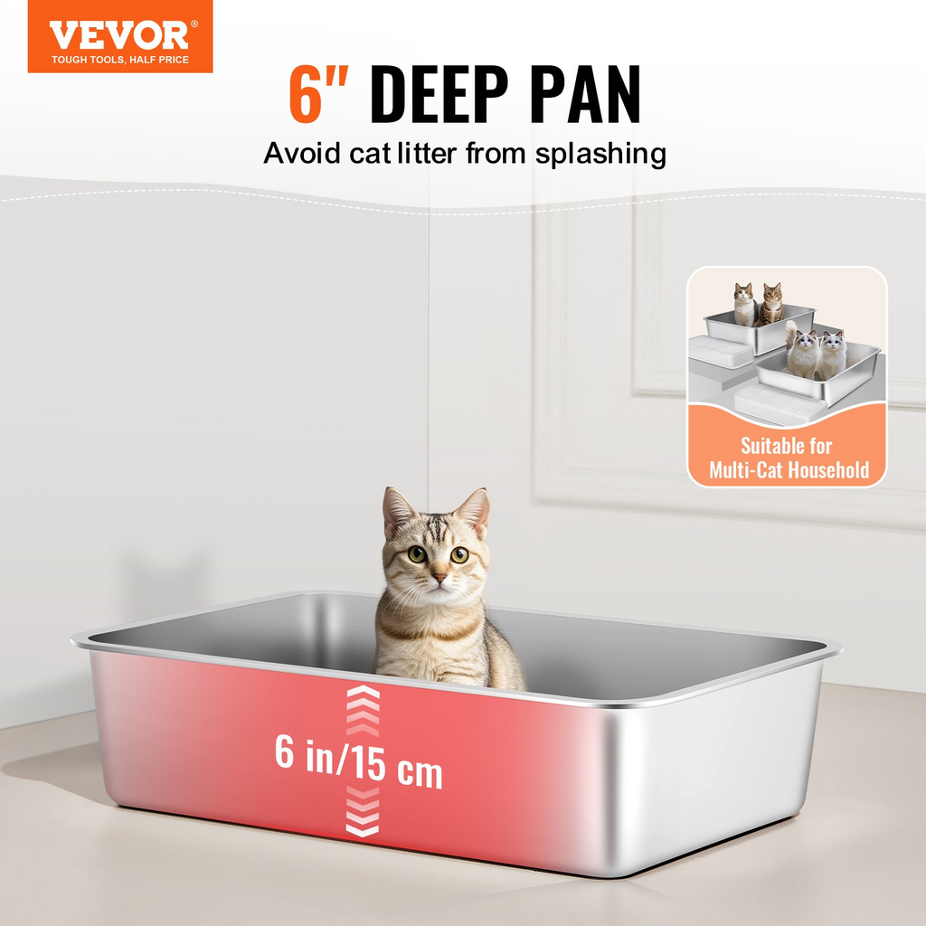 Glamorous Pups : VEVOR XL Stainless Steel Cat Litter Box – 6” Deep Extra Large Metal Litter Pan with Scoop & Wide Filtering Footboard | High-Sided, Odor-Free, Easy-to-Clean Litter Box for Big Cats (Silver)