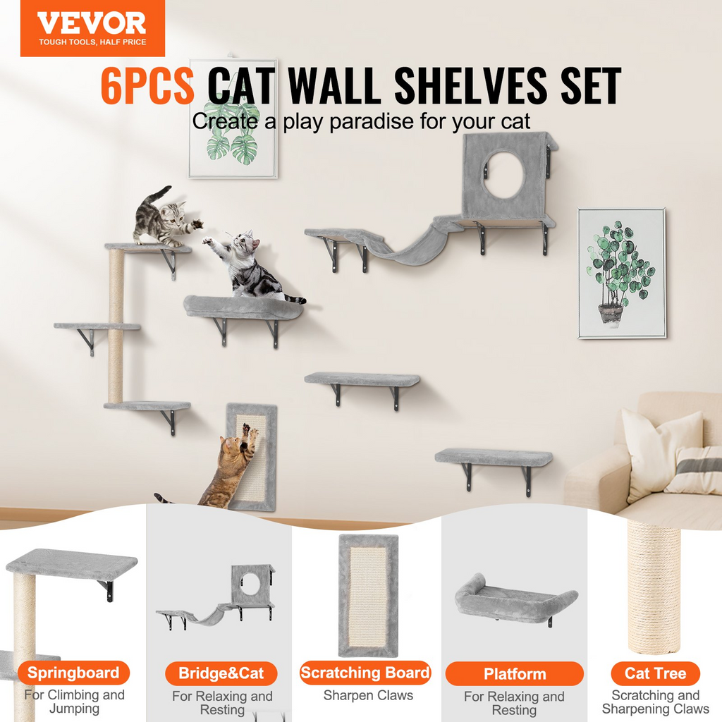 Glamorous Pups : VEVOR 6-Piece Wall Mounted Cat Shelves Set | Multi-Level Wall Cat Furniture with Hammock, Sofa, Jump Platforms, Tree Posts & Scratch Board – Natural Finish, 40 lbs Capacity
