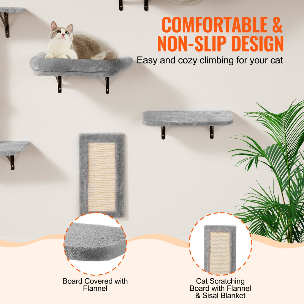 Glamorous Pups : VEVOR 6-Piece Wall Mounted Cat Shelves Set | Multi-Level Wall Cat Furniture with Hammock, Sofa, Jump Platforms, Tree Posts & Scratch Board – Natural Finish, 40 lbs Capacity