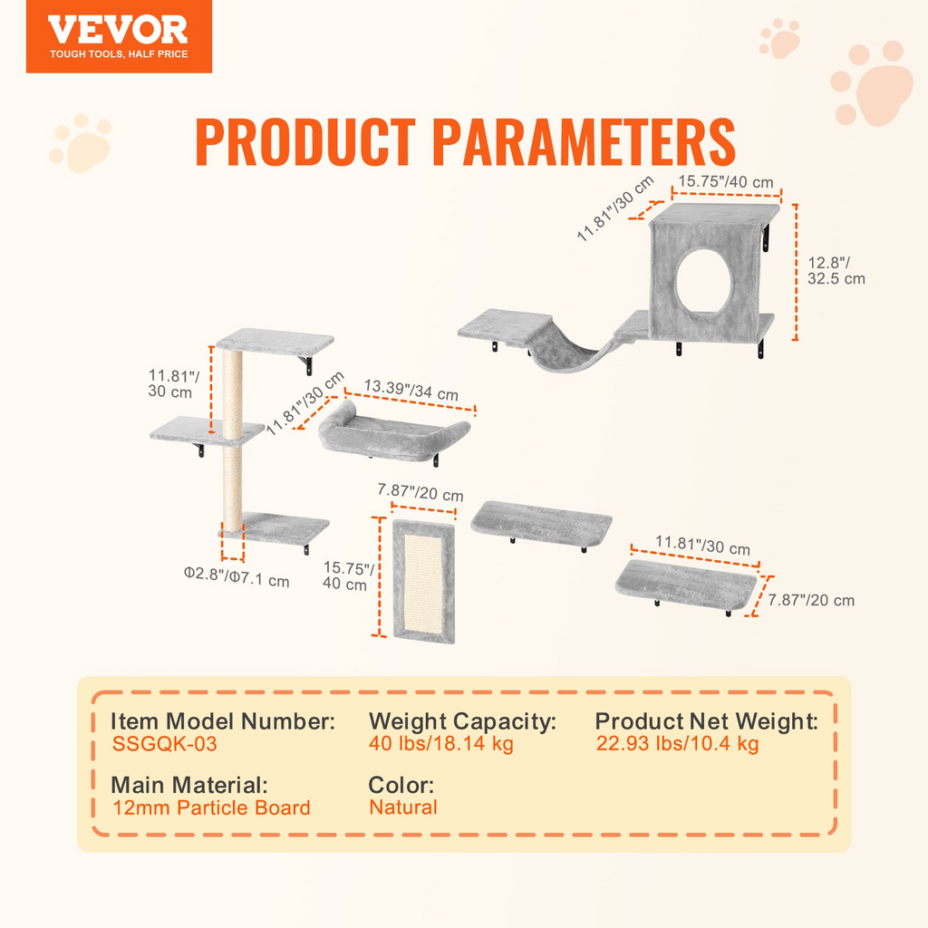 Glamorous Pups : VEVOR 6-Piece Wall Mounted Cat Shelves Set | Multi-Level Wall Cat Furniture with Hammock, Sofa, Jump Platforms, Tree Posts & Scratch Board – Natural Finish, 40 lbs Capacity