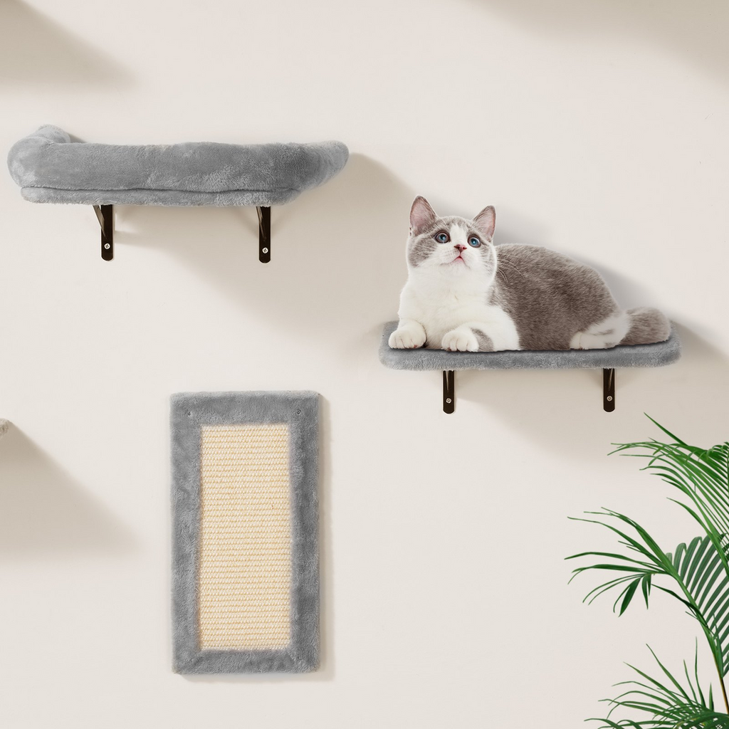 Glamorous Pups : VEVOR 6-Piece Wall Mounted Cat Shelves Set | Multi-Level Wall Cat Furniture with Hammock, Sofa, Jump Platforms, Tree Posts & Scratch Board – Natural Finish, 40 lbs Capacity