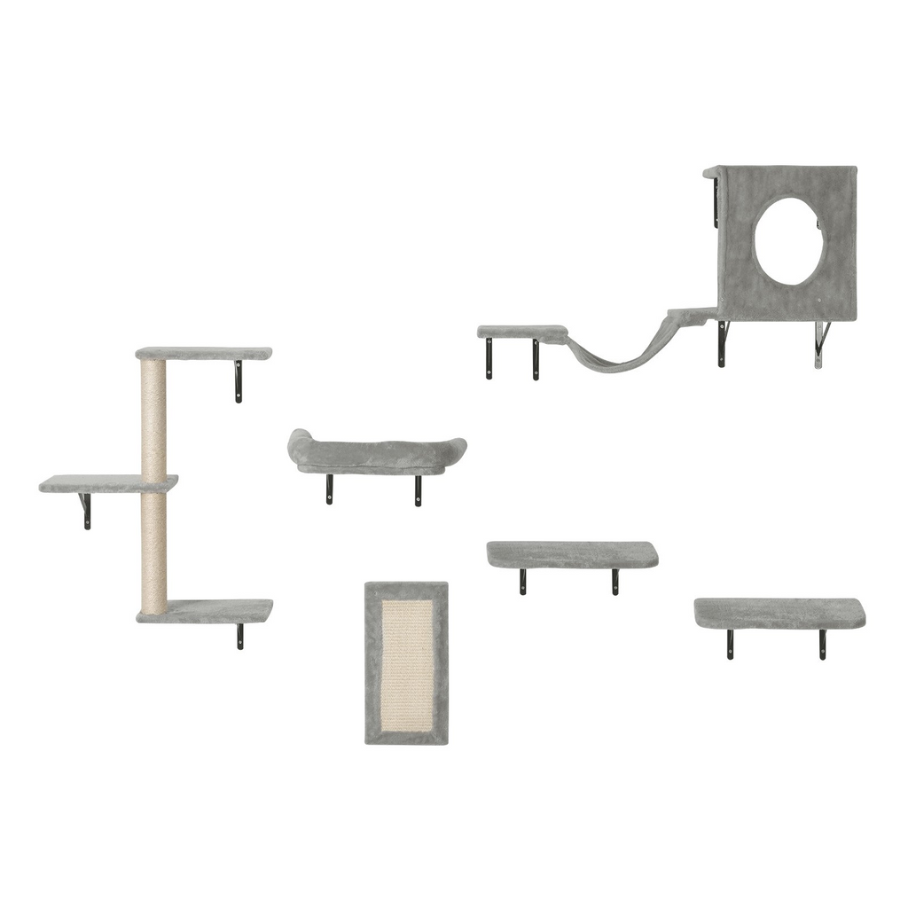 Glamorous Pups : VEVOR 6-Piece Wall Mounted Cat Shelves Set | Multi-Level Wall Cat Furniture with Hammock, Sofa, Jump Platforms, Tree Posts & Scratch Board – Natural Finish, 40 lbs Capacity