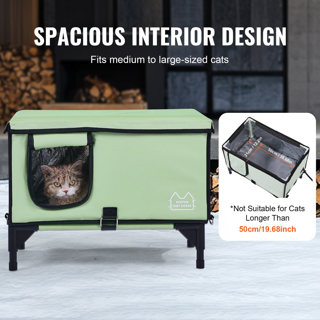 Glamorous Pups : VEVOR Elevated Heated Cat House – Medium Foldable 900D Oxford Cloth Kitty Shelter with Adjustable Temperature & Timer | Waterproof Winter Cat Bed with Removable Bottom Cot (Green)