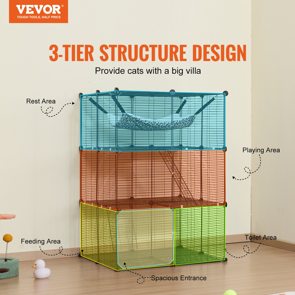 Glamorous Pups : VEVOR Large 3-Tier Cat Cage – 28" x 28" x 41" DIY Detachable Metal Wire Enclosure with Hammock & 2 Ramp Ladders | Indoor & Outdoor Cat Playpen, Spacious & Durable Design (Black)