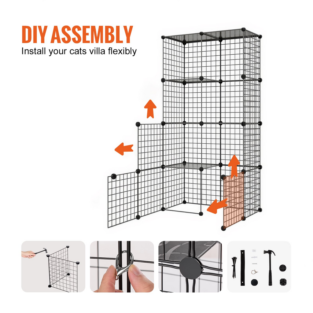 Glamorous Pups : VEVOR Large 3-Tier Cat Cage – 28" x 28" x 41" DIY Detachable Metal Wire Enclosure with Hammock & 2 Ramp Ladders | Indoor & Outdoor Cat Playpen, Spacious & Durable Design (Black)