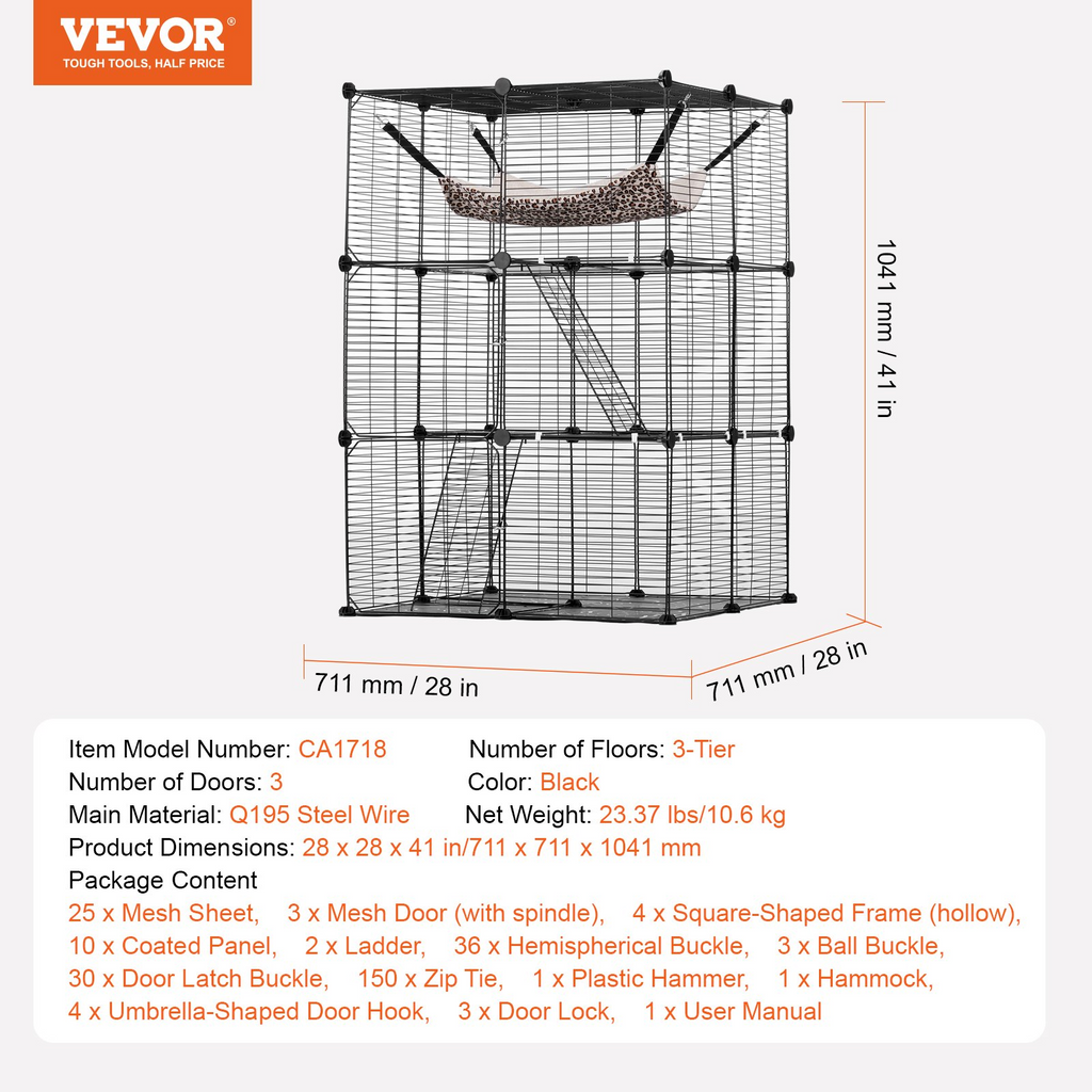 Glamorous Pups : VEVOR Large 3-Tier Cat Cage – 28" x 28" x 41" DIY Detachable Metal Wire Enclosure with Hammock & 2 Ramp Ladders | Indoor & Outdoor Cat Playpen, Spacious & Durable Design (Black)