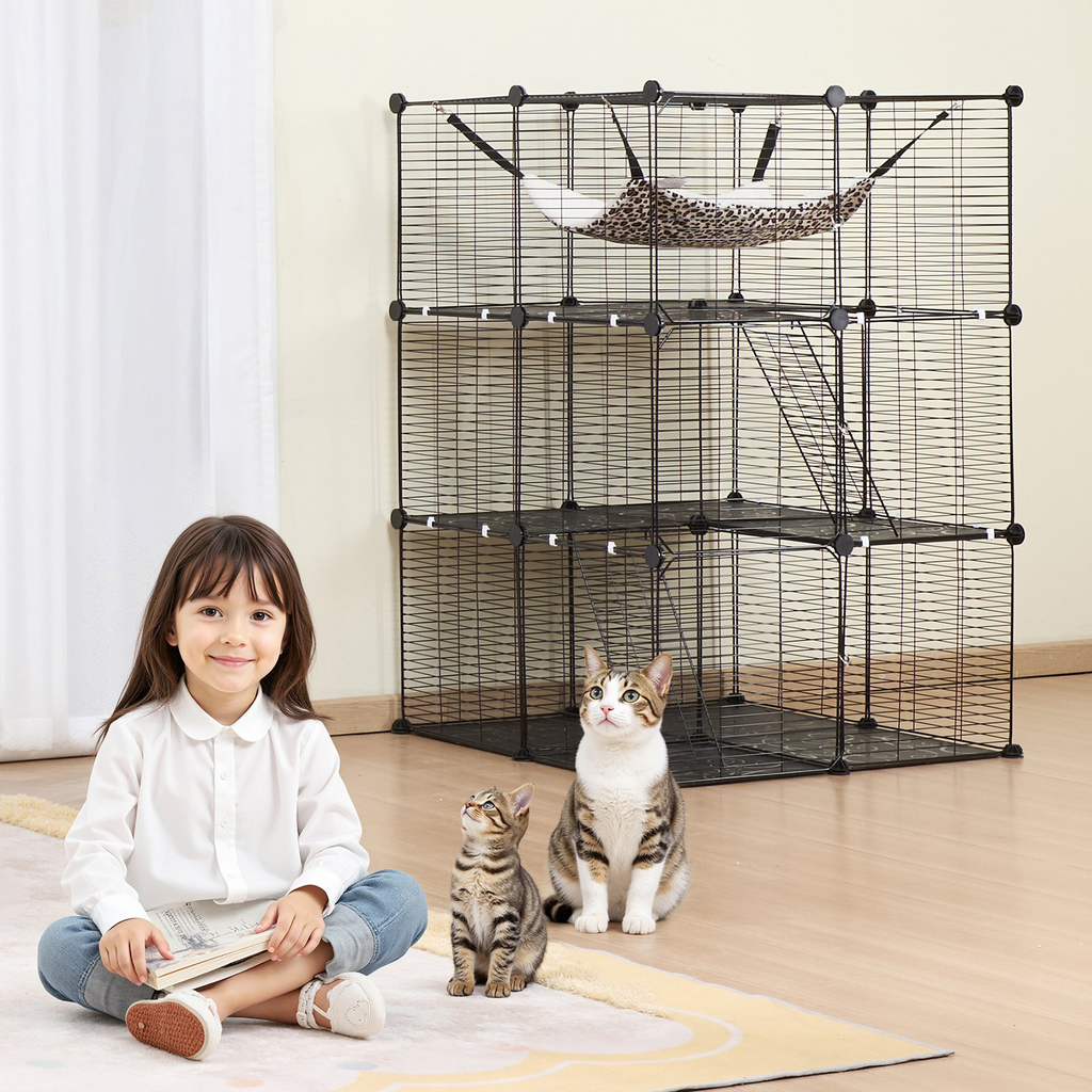 Glamorous Pups : VEVOR Large 3-Tier Cat Cage – 28" x 28" x 41" DIY Detachable Metal Wire Enclosure with Hammock & 2 Ramp Ladders | Indoor & Outdoor Cat Playpen, Spacious & Durable Design (Black)