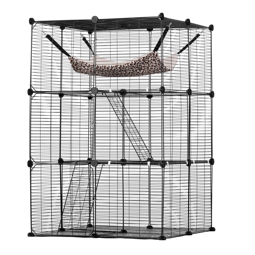 Glamorous Pups : VEVOR Large 3-Tier Cat Cage – 28" x 28" x 41" DIY Detachable Metal Wire Enclosure with Hammock & 2 Ramp Ladders | Indoor & Outdoor Cat Playpen, Spacious & Durable Design (Black)