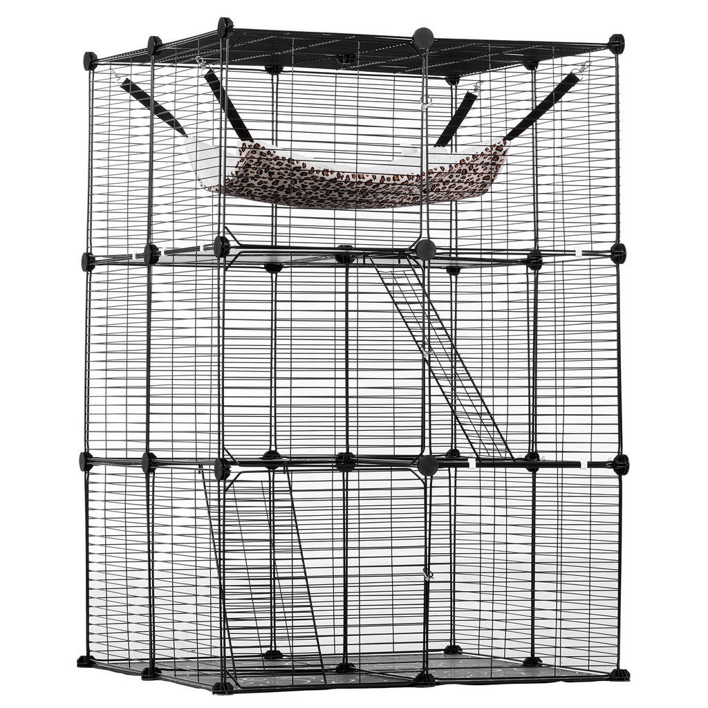 Glamorous Pups : VEVOR Large 3-Tier Cat Cage – 28" x 28" x 41" DIY Detachable Metal Wire Enclosure with Hammock & 2 Ramp Ladders | Indoor & Outdoor Cat Playpen, Spacious & Durable Design (Black)