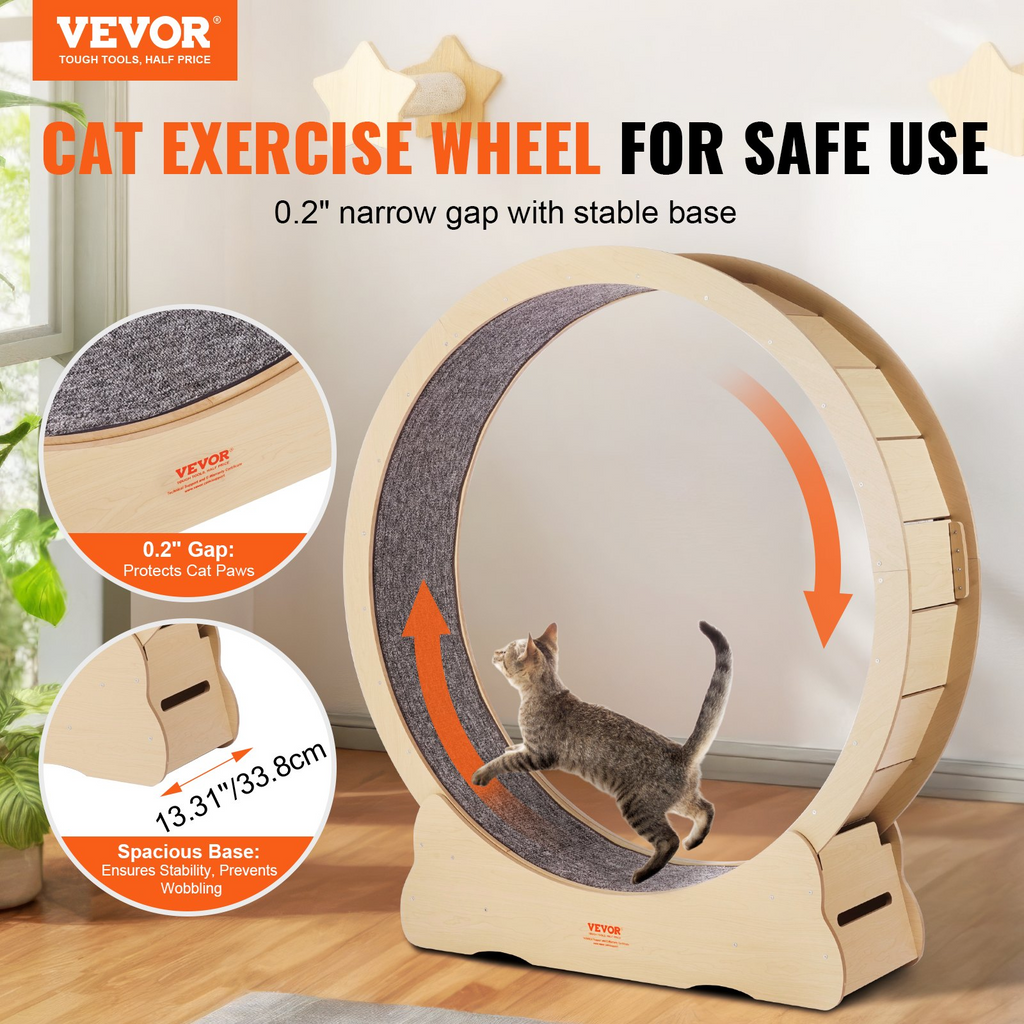 Glamorous Pups : VEVOR 52” Wooden Cat Exercise Wheel | XXL Indoor Cat Running Treadmill with Detachable Carpet & Teaser Toy – Quiet, Durable Fitness Wheel for Large Cats