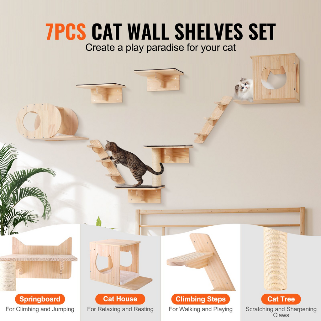 Glamorous Pups : VEVOR 7-Piece Wall Mounted Cat Shelves Set | Cat Wall Furniture with Beds, Hammocks, Jump Boards & Cat Tree – Space-Saving Activity Center up to 40 lbs