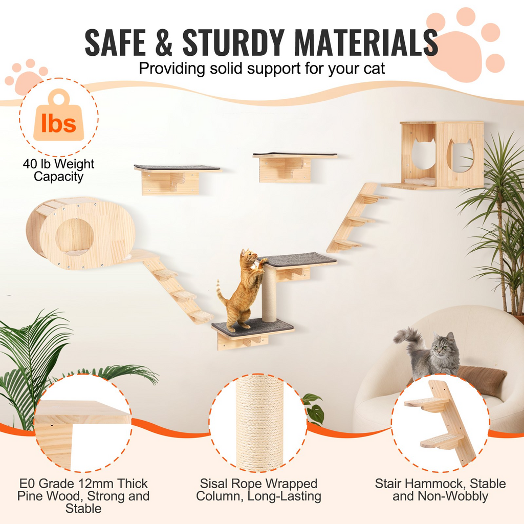Glamorous Pups : VEVOR 7-Piece Wall Mounted Cat Shelves Set | Cat Wall Furniture with Beds, Hammocks, Jump Boards & Cat Tree – Space-Saving Activity Center up to 40 lbs