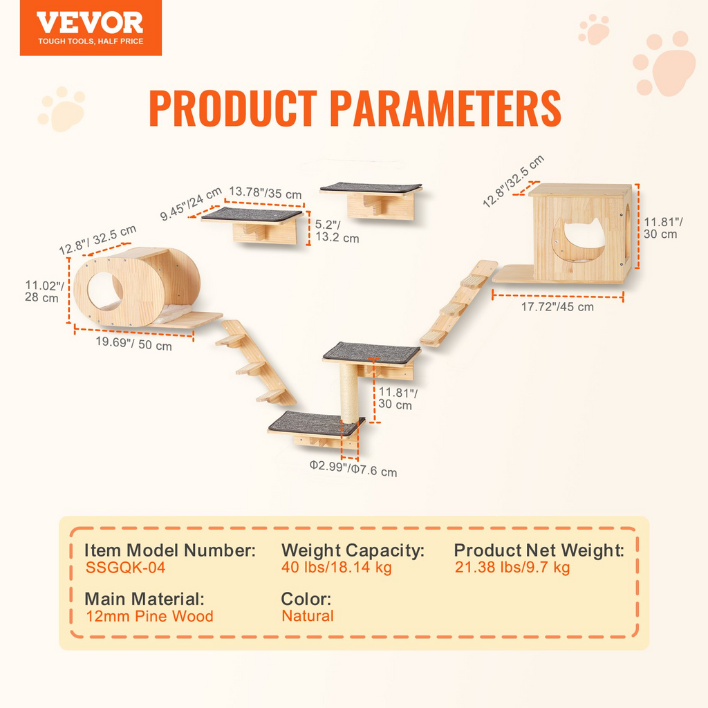 Glamorous Pups : VEVOR 7-Piece Wall Mounted Cat Shelves Set | Cat Wall Furniture with Beds, Hammocks, Jump Boards & Cat Tree – Space-Saving Activity Center up to 40 lbs