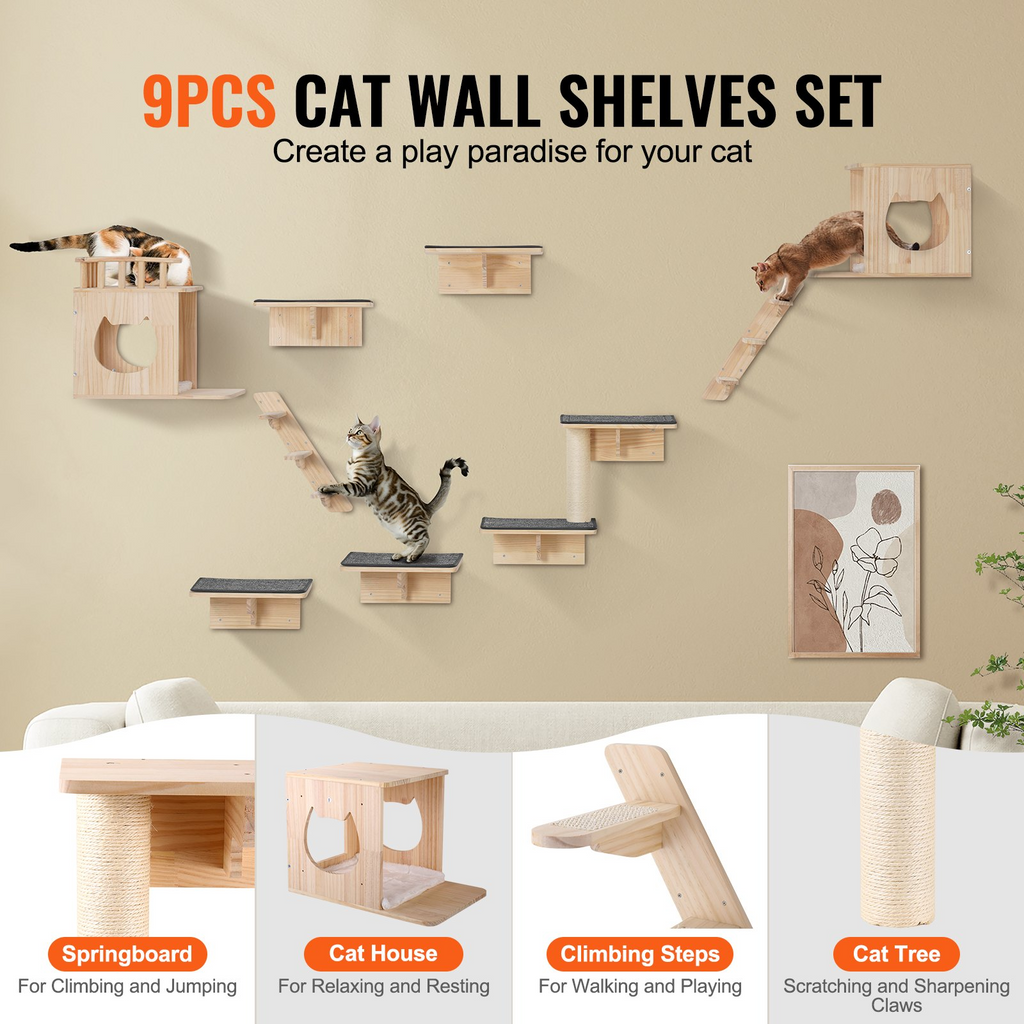 Glamorous Pups : VEVOR 9-Piece Wall Mounted Cat Shelves Set | Deluxe Pine Wood Cat Wall Furniture with Beds, Hammocks, Jump Boards & Tree Posts – Supports up to 40 lbs
