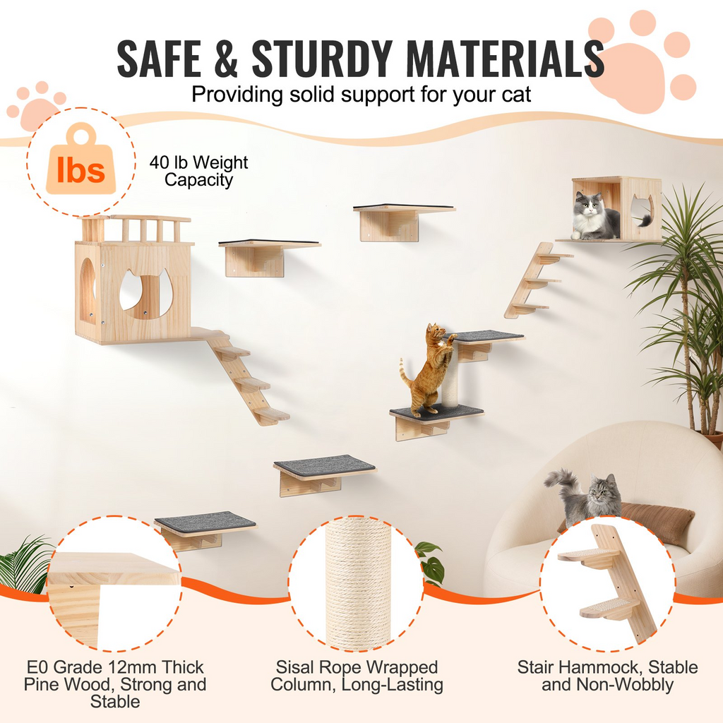 Glamorous Pups : VEVOR 9-Piece Wall Mounted Cat Shelves Set | Deluxe Pine Wood Cat Wall Furniture with Beds, Hammocks, Jump Boards & Tree Posts – Supports up to 40 lbs