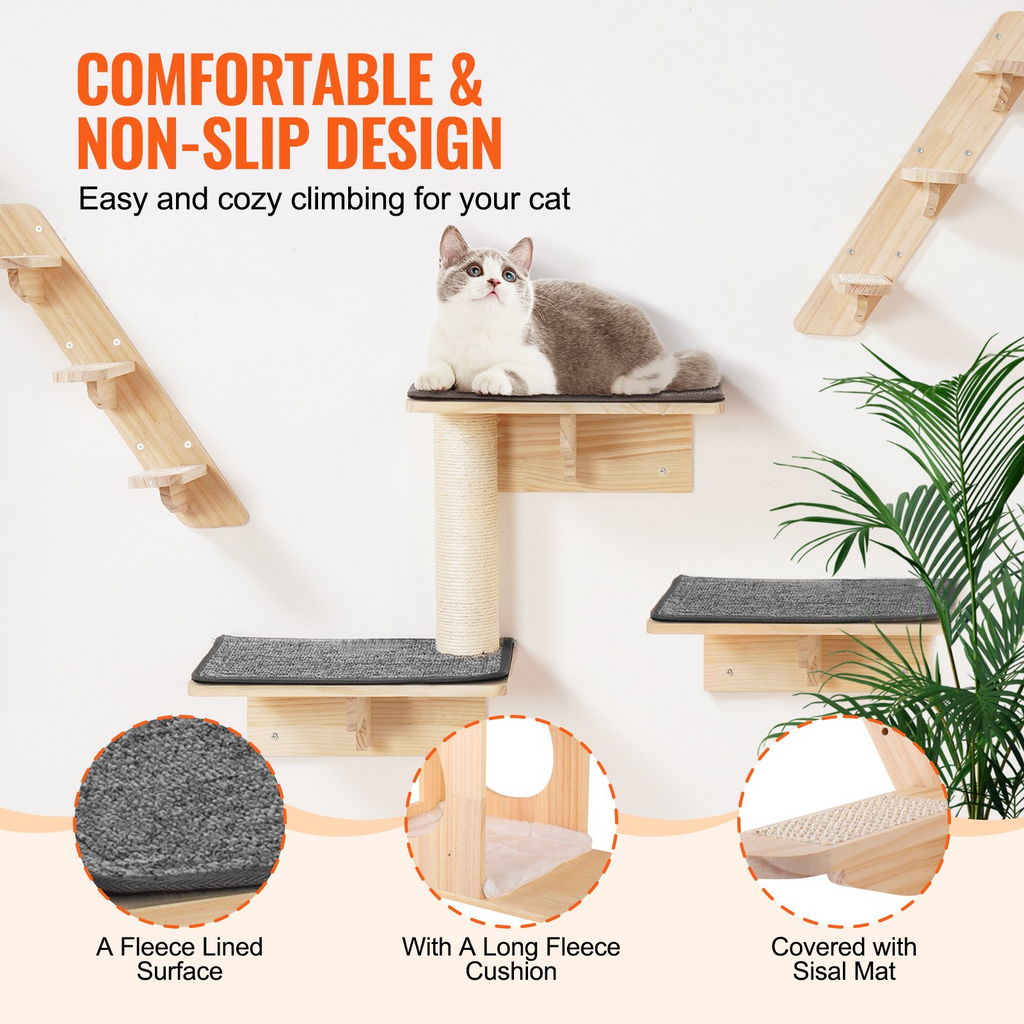 Glamorous Pups : VEVOR 9-Piece Wall Mounted Cat Shelves Set | Deluxe Pine Wood Cat Wall Furniture with Beds, Hammocks, Jump Boards & Tree Posts – Supports up to 40 lbs